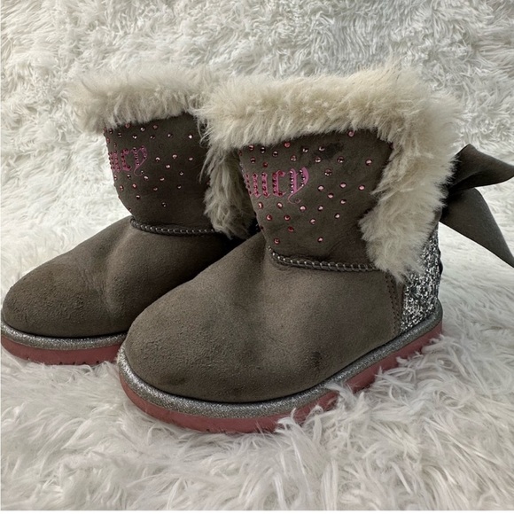 Juicy Couture Toddler Girls Gray Suede Faux Fur Boots Size 9M Embossed Logo - Picture 7 of 7